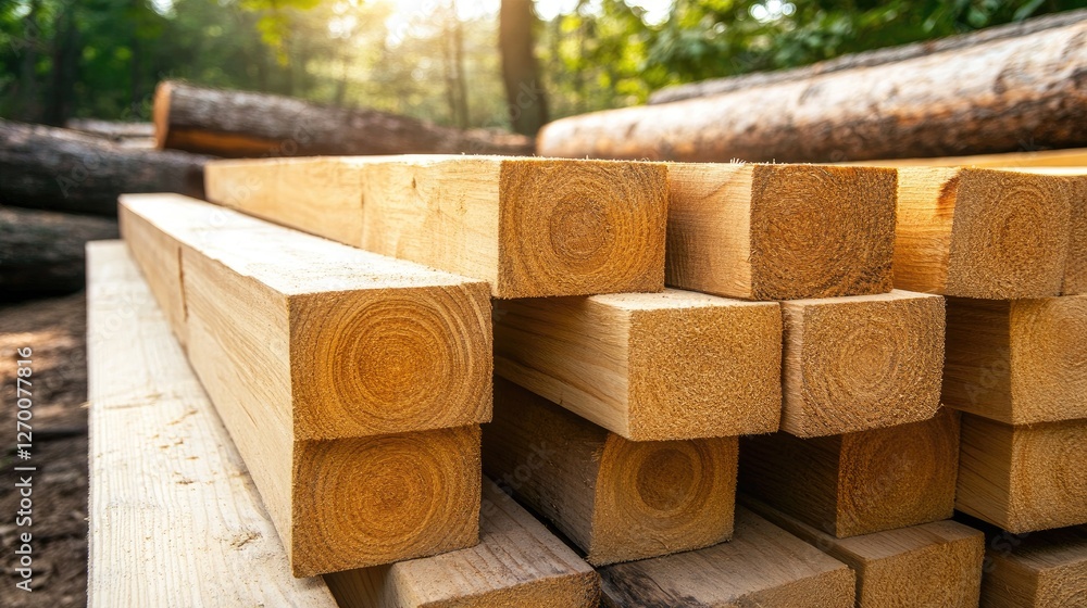 Poster square lumber beams stacked high, drying under the warm sunlight, with logs and greenery in the back