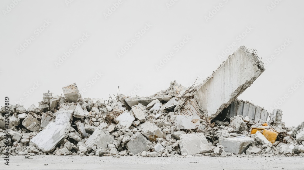 Poster Structural debris from a building collapse, shown in a side view, with rubble and scattered materials against a minimalistic white background.
