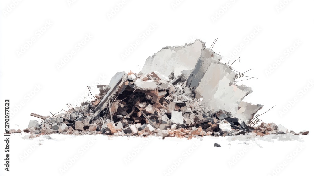 Poster structural debris from a building collapse, shown in a side view, with rubble and scattered material
