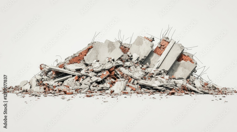Poster structural debris from a building collapse, shown in a side view, with rubble and scattered material