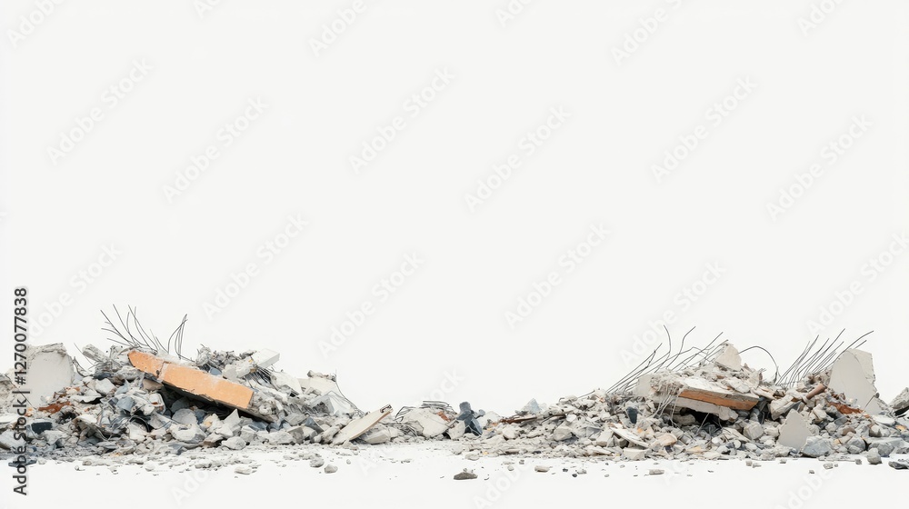 Poster structural debris from a building collapse, shown in a side view, with rubble and scattered material