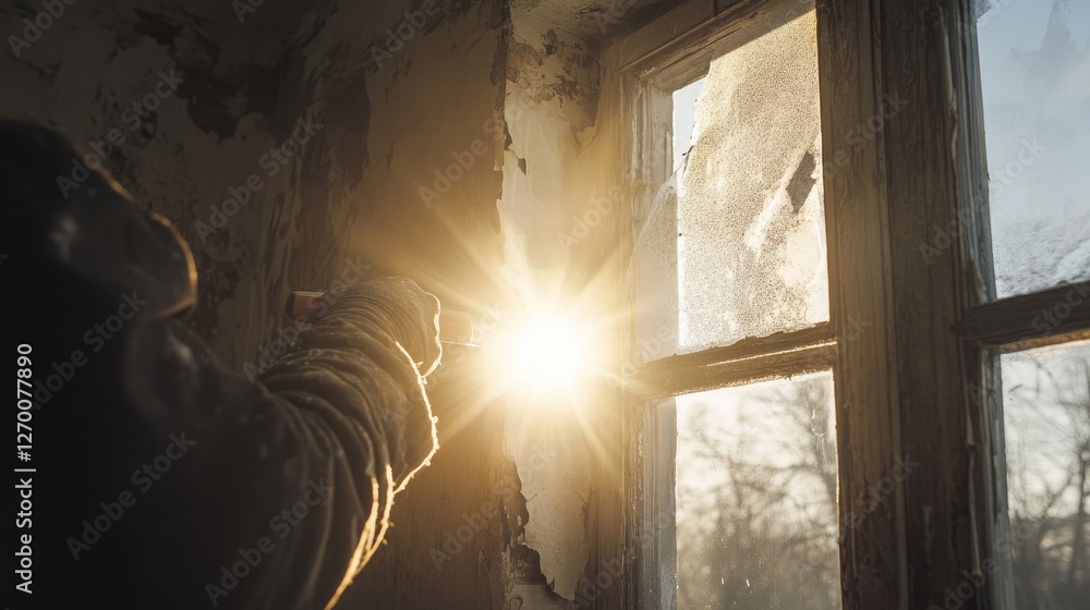 Poster sunlight filters through as a worker scrapes lead paint from a wooden window frame, capturing the pr