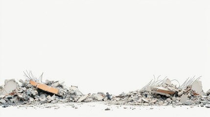 Structural debris from a building collapse, shown in a side view, with rubble and scattered materials against a minimalistic white background.