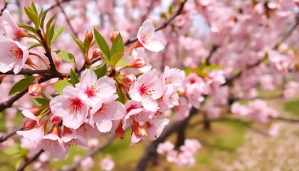 Beautiful pink cherry blossom flowers blooming on a tree branch