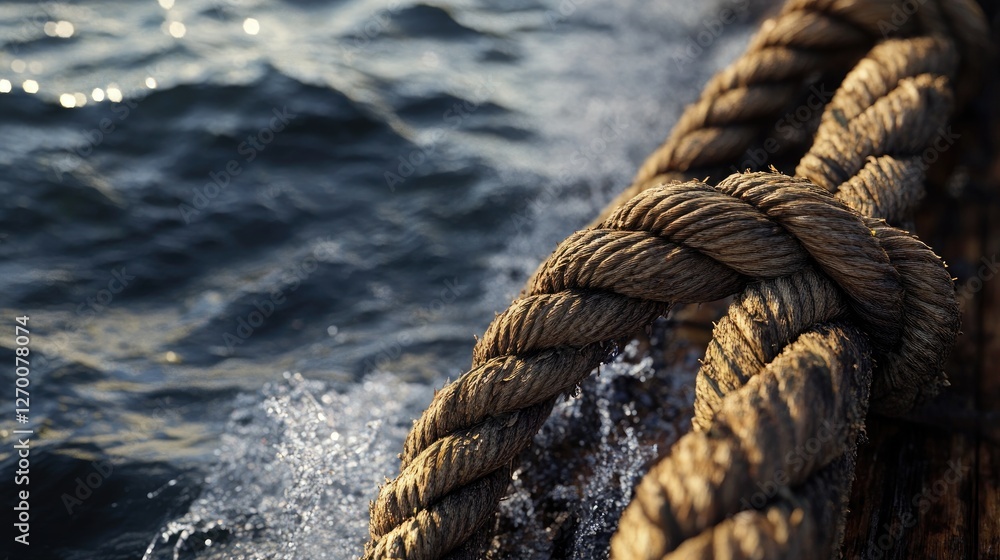 Poster the texture of a rope on a boat at sea, with the ocean in the background, emphasizing the strength a