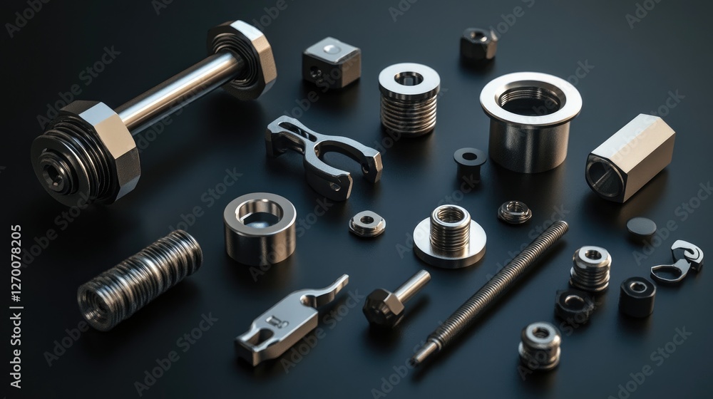 Poster various metallic parts and fasteners on a dark background, displaying the fine detail and precision 