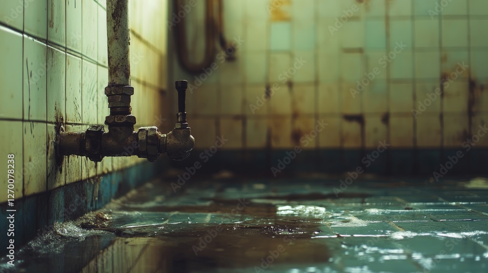 Poster water leaking from a pipe joint in an apartment bathroom, emphasizing the importance of fixing plumb