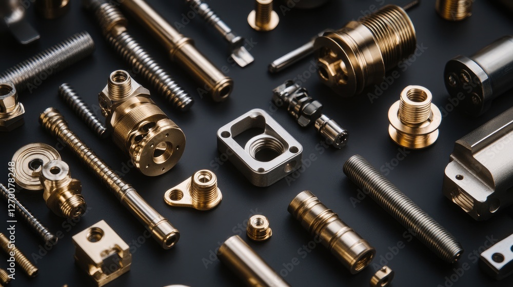 Aufkleber various metallic parts and fasteners on a dark background, displaying the fine detail and precision 