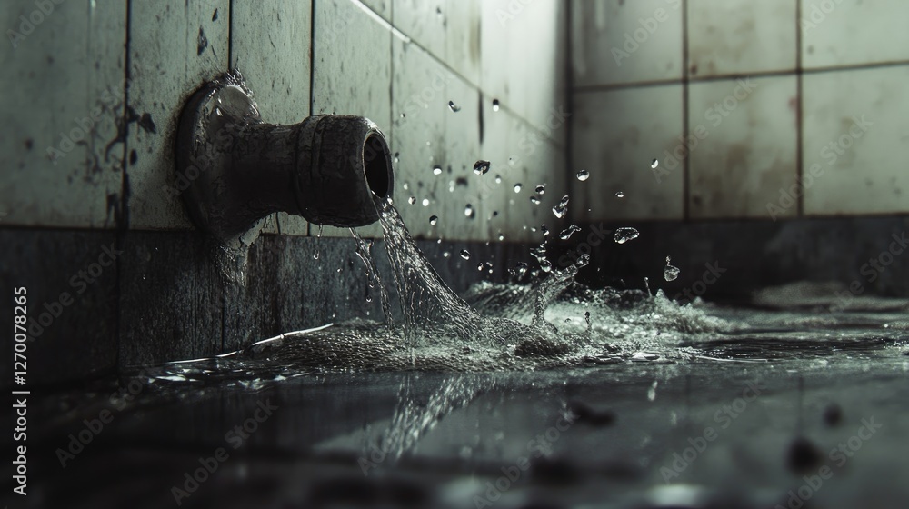 Poster water leaking from a pipe joint in an apartment bathroom, emphasizing the importance of fixing plumb