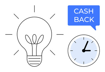 Light bulb with shining rays, clock showing time, cashback text in speech bubble. Ideal for financial incentives, innovative solutions, time management, rewards programs, marketing strategies