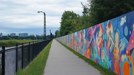 Obraz premium Vibrant Mural Pathway: A Stroll Along Urban Art