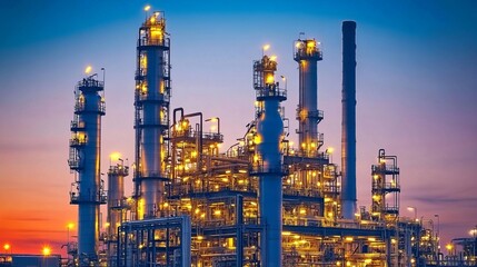 Refinery Plant At Twilight. Industrial Complex With Pipes, Tanks, And Lights Against A Colorful Sky.