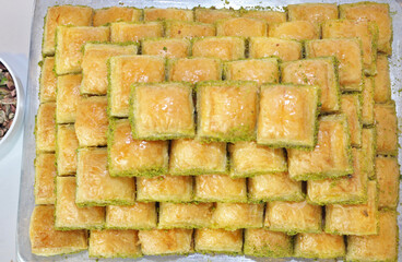 Traditional Pistachio Baklavas in a Tray