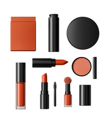 Elegant collection of brown and orange cosmetic products arranged neatly on a white surface for beauty enthusiasts