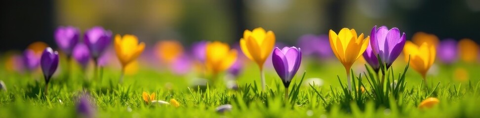 Fototapeta premium Purple and yellow crocuses blooming on Harrogate Stray's lush green grass , spring, garden
