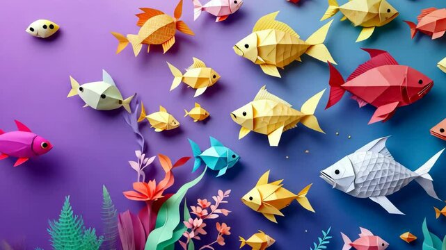 Colorful origami fish in ocean-themed backdrop for april fool's day decor concept