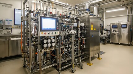 Industrial bioreactor system in lab, process control, cleanroom background, pharmaceutical production