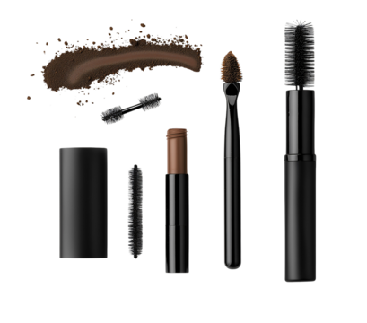 Various makeup tools and products laid out on a white background for eyebrow and eyelash enhancement