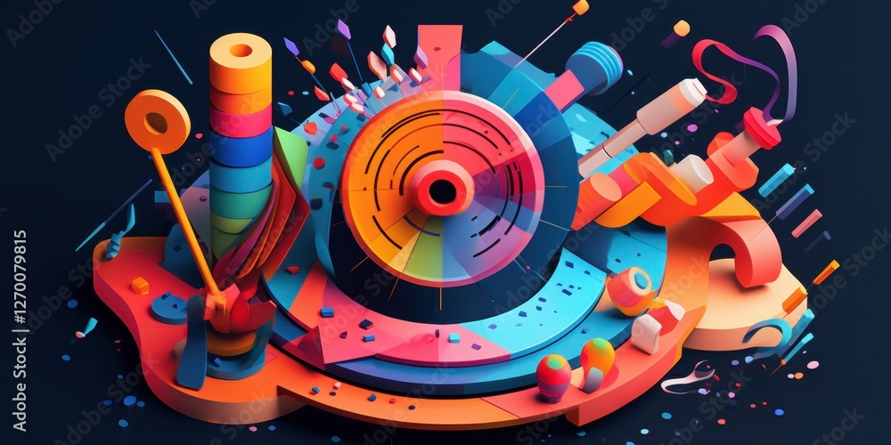 Poster a vibrant and colorful abstract composition with geometric shapes and complex patterns