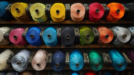 Fototapeta premium Colorful Thread Spools On A Shelf. Craft, Sewing, Design Concept.