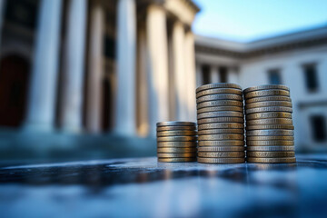 Stacked Coins with Government Building – Financial Stability and Economy Concept