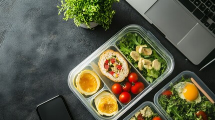 A vibrant lunch box adorned with fresh ingredients rests on a sleek desk alongside a laptop. The meal showcases eggs, cherry tomatoes, and leafy greens, promoting a balanced diet
