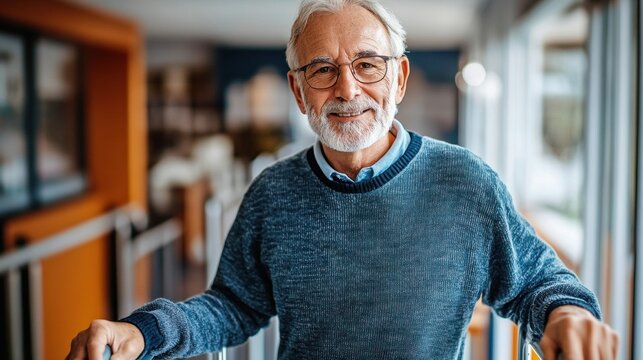 An old man in a medical rehabilitation center, practicing how to walk between two parallel bars