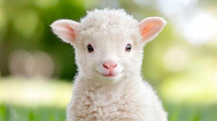Fototapeta premium Cute fluffy white lamb looking directly at the camera in a sunny green pasture during springtime.