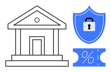 Classic building icon with columns, blue security shield with padlock, and ticket with percentage symbol. Ideal for banking, security, finance, savings, protection, discounts investments abstract