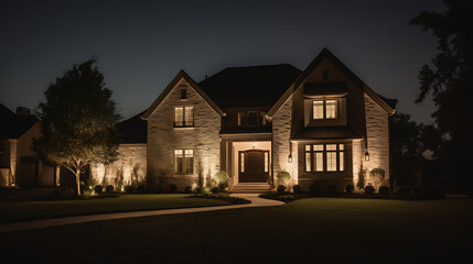 A large brick house with a large front porch is lit up at night