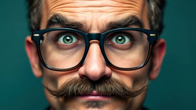 Close-up of a man with a moustache and large glasses sporting a surprised expression for april fool's day humor concept