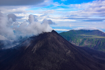 Erupting active volcano on Kamchatka peninsula, Russia