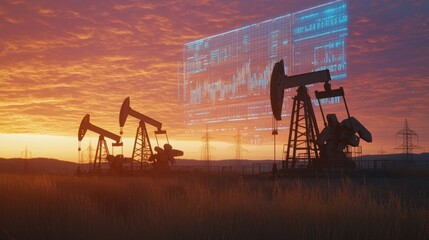 Oil Field With Digital Chart Overlay, Representing Energy Market Analysis And Technology In Resource Management.