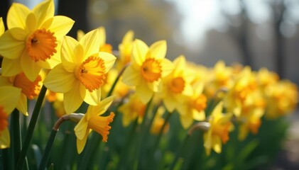 Obraz premium Dense cluster of daffodils, rich color variations, plant, field