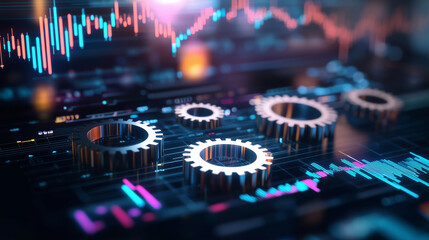 Fototapeta premium Dynamic digital illustration of interconnected gears and business charts