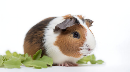 A small brown and white guinea pig is sitting on a leafy green plant
