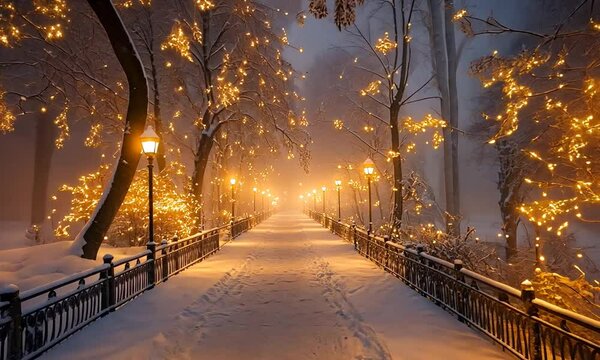 Snowy winter pathway illuminated by glowing lights and streetlamps in a tranquil park setting