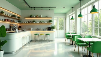 Modern white cafe, green accents, bar counter, backdrop, leaves