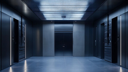 Fototapeta premium A large, empty room with a black door and a lighted sign
