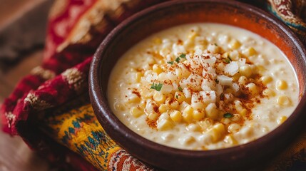A bowl of mote pillo, a traditional Ecuadorian dish with hominy corn, milk, cheese, onions, and achiote