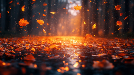 Autumn leaves dancing in golden sunlight with raindrops creating magical atmosphere, showcasing natural beauty and seasonal transformation