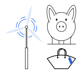 Wind turbine generating energy, piggy bank representing savings, and shopping bag with a price tag. Ideal for sustainability, finance, renewable energy, consumerism, economics, environmental