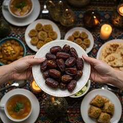 Fototapeta premium Ramadan Iftar Table. Muslim Family Having Dinner At Home. Iftar Table with Traditional Food. Fasting ends with Dates. Ramadan Feast Celebrations, Eid Mubarak Concept