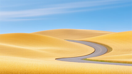 Fototapeta premium A winding road cutting through golden sand dunes under a bright blue sky, symbolizing adventure, travel, and endless possibilities in a desert landscape.