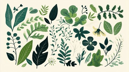 Collection of green leaves and botanical elements in various shapes and shades on neutral background celebrating spring equinox day concept