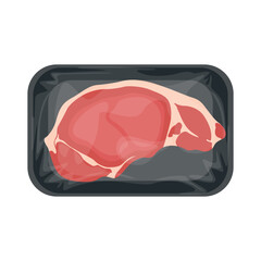 Vector illustration of meat packaging in cartoon flat style. Pack meat products. Frozen ground meat, pork and steaks, raw butcher shop food flat vector illustration set. Meat packed in plastic tray