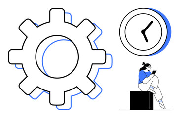 Large gear symbolizing process, clock representing time management, and woman reading on a block. Ideal for productivity, efficiency, work-life balance, time management, schedules, personal growth