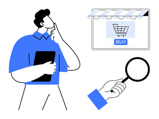 Man holding tablet contemplating online purchase, storefront icon with buy button, hand holding magnifying glass. Ideal for e-commerce, decision making, online shopping, market analysis, consumer