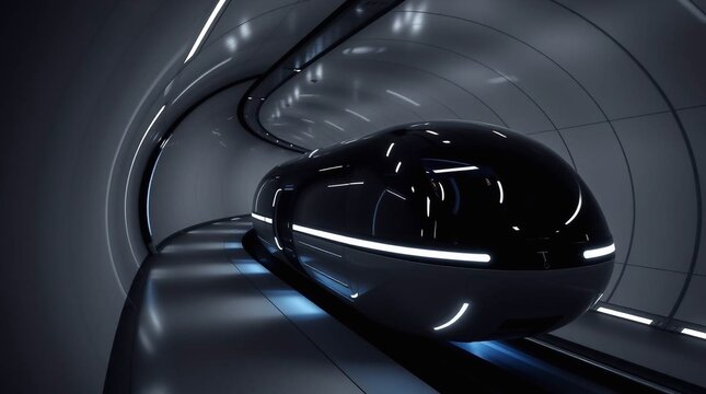 Black and white photograph of a high-speed hyperloop pod in a futuristic tunnel, illuminated by blue and white lights. 