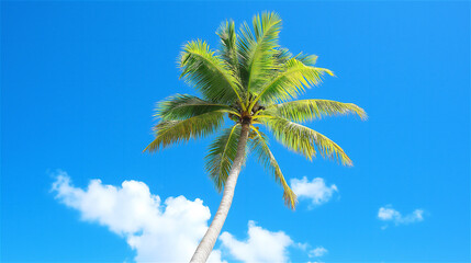 Obraz premium A single palm tree with lush green leaves against a bright blue sky, creating a simple yet stunning tropical scene. Ideal for summer travel and relaxation concepts.